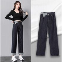 Dark blue jeans womens straight loose high waist 2021 New elastic curled blue wide leg pants women spring and autumn