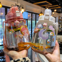 Large capacity water cup with sipette cup girls cute diagonal summer sports anti-fall student strap big belly cup kettle