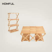 HOMFUL Great Wind Outdoor Camping Multifunction Picnic Solid Wood Shelve Containing Portable Storage Shelf Foldable Table