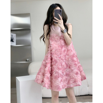  Chic high-end pink dress three-dimensional rose flower milk sweet skirt French sweet temperament new sleeveless skirt