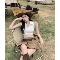 Fried Street hot girl high waist skirt women Summer new sexy short sling small vest pleated skirt two-piece