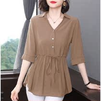 Short sleeve shirt women thin mid-sleeved summer New loose belly waist top black size medium long thin model