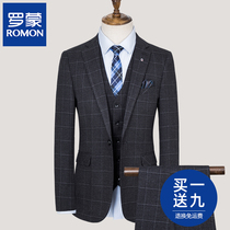  Romon suit suit Mens Korean slim-fit plaid suit Professional formal best man costume Groom wedding dress