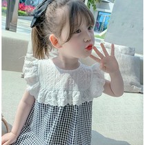 Summer girls pure cotton black and white plaid embroidery lace white girl 2-6 years old cute princess straight dress