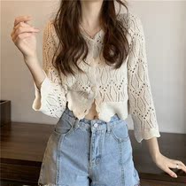 Apricot color Net red hollow long sleeve knitted cardigan womens 2021 new summer gentle style top thin sunscreen coat
