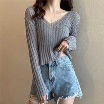 Spring and autumn 2021 New Korean version of the V collar open clavicle hollow long sleeve sunscreen sweater womens thin coat sweater