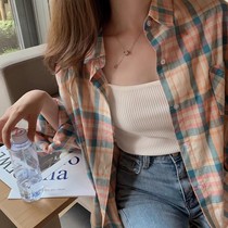 POLO collar shirt women early autumn 2021 New loose retro plaid long sleeve top thin design jacket