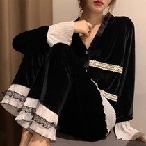 New Korea ins autumn and winter V-collar trim velvet organ horn sleeve black home suit suit pajamas women