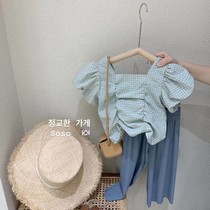 Girls  suit Childrens clothing 2021 new summer clothes Korean female baby bubble sleeve shirt wide leg pants two-piece tide