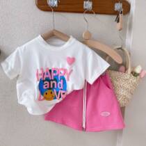 Girls Short Sleeve Sleeve Kit 2023 New Leisure Letter Printed T - shirts Baby Ocean Gas Two - piece sets