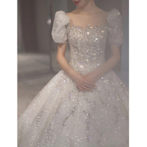 Wedding dress 2021 new bride temperament shoulder French main gauze senior sense big tailing court style pregnant women Summer