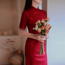 Chinese vintage Cheongsam toast dress Bride summer engagement dress dress burgundy can usually be worn dignified female