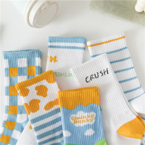 (3 pairs) Blue Square Academy style sports autumn and winter ins tide socks Korean ice cream color series socks