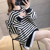 Large size womens spring and autumn Korean version striped cotton long-sleeved T-shirt Fat mm fake two-piece medium-long sweater loose top