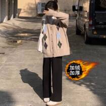 Female students plus velvet padded trousers wide leg pants autumn and winter loose straight tube small man casual Korean version of the tide thin and versatile