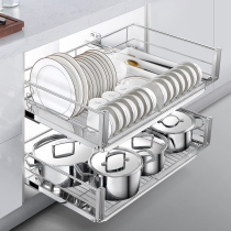 High kitchen cabinet pull basket 304 stainless steel double buffer drawer type Bowl basket kitchen cabinet seasoning storage bowl rack