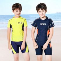 Medium and large childrens swimsuit Boy teen children 10-15 years old student short sleeve suit Sunscreen quick-drying boy split
