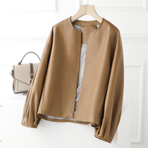  South Korea autumn new leather khaki small leather clothes female temperament short bubble sleeves fashion thin round neck jacket