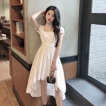 2021 summer new French vintage square collar fairy dress waist thin design sense White short sleeve dress women