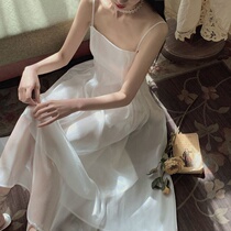 Gentle first love little white skirt temperament high waist suspender skirt 2021 spring and summer new fairy dress womens long dress