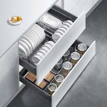 High cabinet pull basket kitchen double drawer type buffer damping removable washing dish rack seasoning storage rack