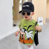Baby mens and womens childrens short-sleeved shirt pure cotton 2021 summer new cartoon pattern round neck pullover childrens clothing