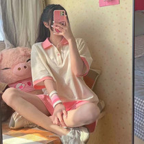 Cute Soft Girl College Wind Sports Suit Womens Summer Casual Loose Foreign Air Short Sleeve Shorts Two Sets Students