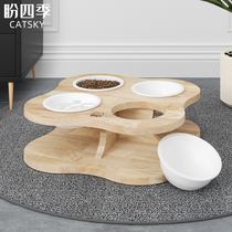 Pure Solid Wood Pet Feeding Bowl 6 bowls Multi-cat family 4 bowls Pets Pet Inclined mouth Puppy Neck Ceramic Water Bowl supplies