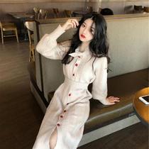 Autumn and winter 2021 new mid-length knee-length sweater dress womens French waist thin knitted long-sleeved dress womens