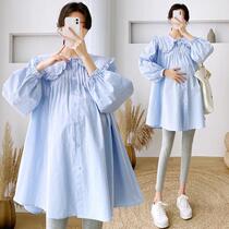 New Pregnancy Woman Dress Spring Autumn Easy Doll Collar Linen Shirt Dress Korean version Reduced Age Casual Open Withholding Can Laces Skirt