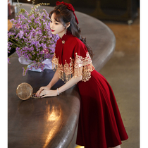 Chinese toast dress Bride wine red cheongsam wedding back door dress female summer small shawl can usually be worn