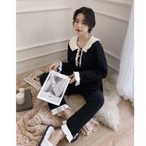 Pajamas female spring and autumn Korean version of cotton doll collar Net red explosion sweet girl Wind long sleeve black and white color set