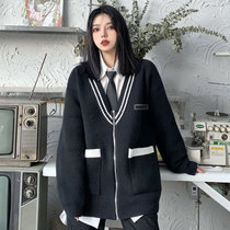 69CC college wind striped knitted cardigan womens 2021 vintage V-neck sweater couple long-sleeved casual loose jacket