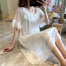Pajamas female summer ice silk sexy nightgown palace long cotton summer new cute princess style Korean lace
