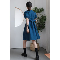 Blue medium and long dress summer waist thin bubble sleeve V collar temperament skirt female small bow