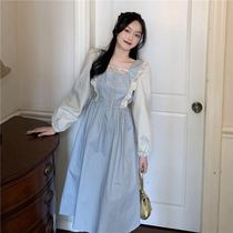 2021 spring French niche court style long sleeve dress waist thin gentle wind fairy temperament long skirt