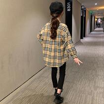 Girls thick shirt autumn and winter New dress childrens foreign style plus velvet plaid shirt long big child long sleeve shirt