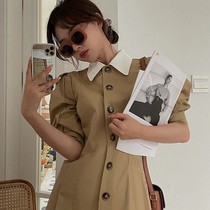 2021 summer dress girl Korean version of French retro college style shirt lapel khaki waist dress