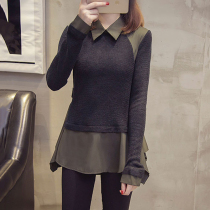  Large size womens clothing 2021 autumn and winter long-sleeved fake two-piece shirt fat mm thin knitted bottoming shirt belly reduction top