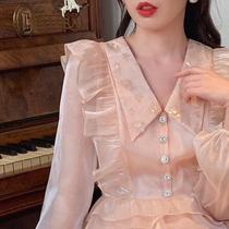 Doll collar shirt Womens long-sleeved spring new top Western style sequins wild niche design sense of long-sleeved shirt