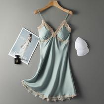 Summer pajamas Womens Ice Silk sexy lace nightdress simulation silk thin skirt suspenders sex nightdress womens home clothes