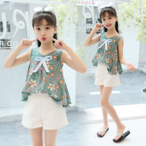 Girls summer suit 2021 new little girl western style floral pure cotton vest top shorts childrens two-piece set