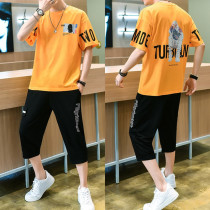 12-18 years old junior high school and high school students pure cotton short-sleeved t-shirt suit mens summer clothes boys three-point pants two-piece clothes