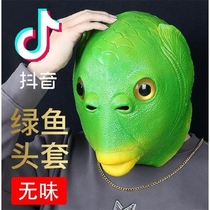 Funny trick with the same full face funny fish face strange set with cute animal props Green head fish head set genuine