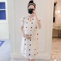 Pregnant womens summer clothes out fashion short-sleeved large size short man does not show loose tide mom wave point Korean version of the dress