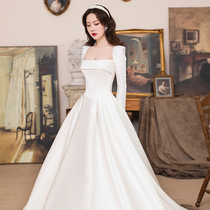 French long sleeve satin wedding dress 2021 new bride winter main yarn senior texture big tailing light door simple