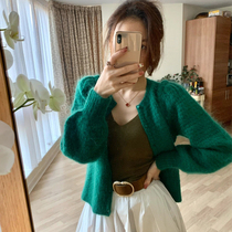 Small fragrant wind green new year clothes raccoon sweater coat women autumn and winter retro Japanese lazy style knitted cardigan