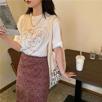 (Two-piece set)Medium and long round neck loose printed short-sleeved T-shirt bag hip BAO WEN skirt summer suit female