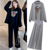 Maternity Spring and Autumn Dress Set Fashion Foreign Style Cartoon Jacket Tide Mom Autumn Hooded Long Sleeve Wear Two-Piece Set