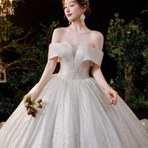  One-shoulder heavy duty main wedding dress 2021 new bride thin temperament starry sky high-end luxury French trailing summer